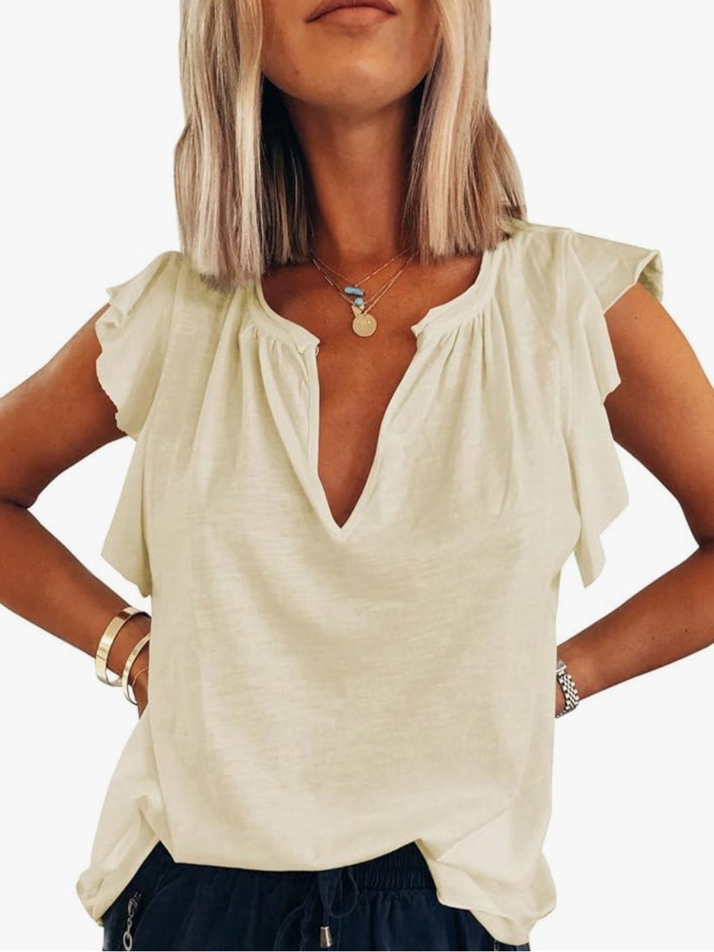 Light Cream Flutter Sleeve V-Neck Women’s Top